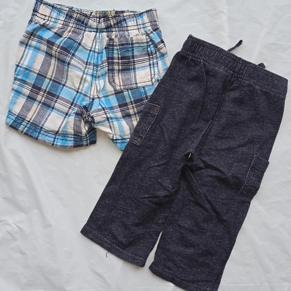 Carters & Jumping Beans Kids Blue Plaid Shorts & Navy Cargo Pants 18 M